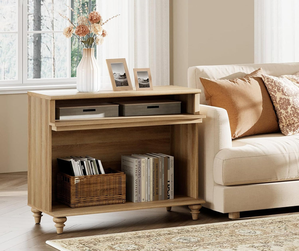 WAMPAT Tall Side Table, Large End Table with 2 Storages for Living Room, Farmhouse TV Stand with Storage Shelf, Oak, 37"
