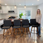 Swivel Counter Stool Set of 1 with Walnut Finish and Bamboo Legs, 26.3 Inch Counter Height Mid-Century Counter Stool with Curved Back and Armrests, Faux Leather Seat, Kitchen Island Seating, Brown
