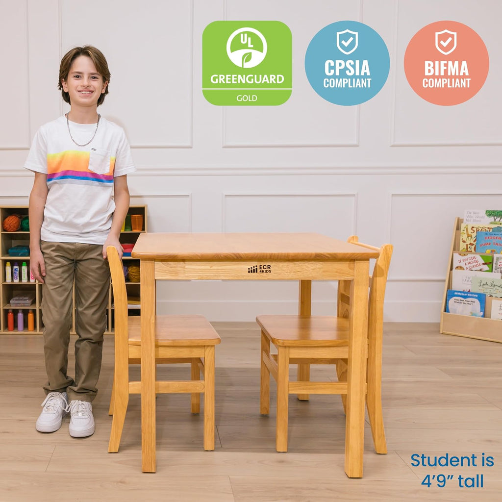 ECR4Kids 30in x 30in Square Hardwood Table with 28in Legs and Two 16in Chairs, Kids Furniture, Honey, 3-Piece | Durable rubberwood, GREENGUARD Gold Certified, ANSI/BIFMA Compliant, 10-12 years, 200 lb seat capacity, classroom & home use
