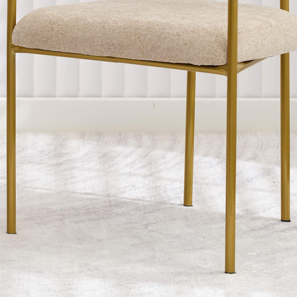 Boucle Dining Chairs Set of 4 with Arms, Mid Century Modern Upholstered Dining Chairs for Kitchen & Dining Room, Curved Backrest, Gold Metal Frame (Taupe/Sand)