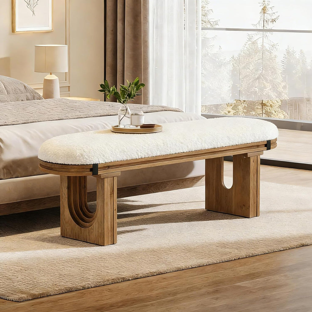 LITTLE TREE Solid Wood Bench, 47.24" End of Bed Bench, Entryway Bench with Upholstered for Hallway, Living Room, Bedroom, Kitchen