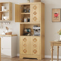 Garvee 72" Tall Pantry Cabinet, Kitchen Hutch Storage Cabinet with Countertop for Microwave, Freestanding Wooden Cupboard with Carved Door & Crystal Handle, for Dining Room, Living Room, Light Oak