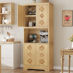 Garvee 72" Tall Pantry Cabinet, Kitchen Hutch Storage Cabinet with Countertop for Microwave, Freestanding Wooden Cupboard with Carved Door & Crystal Handle, for Dining Room, Living Room, Light Oak