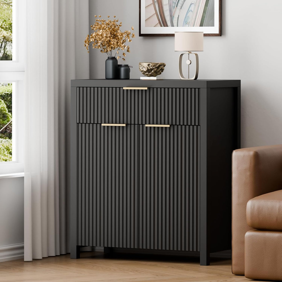 YaFiti Storage Cabinet Fluted Sideboard Buffet Cabinet with Adjustable Shelves & Quality Wooden Tabletop, Modern Accent Credenza Media Console for Living Room, Entryway, Hallway, Black