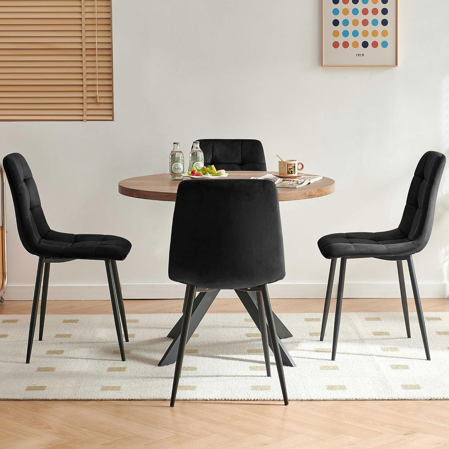 Homedot 37-Inch Round Kitchen Dining Room Table Set for 4, Modern Mid-Century Brown Dining Table with Black Velvet Chairs Set, Small Dining Set for Restaurant/Dining Hall