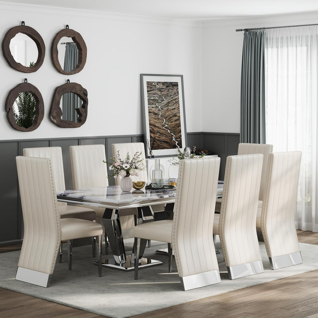 AUZ Modern White Leather Dining Chairs with Silver Mirrored Legs, Set of 2 | White Upholstered Leather Kitchen Room Chairs, High Back with Nailhead Trim, Polished Chrome Stainless Steel Legs