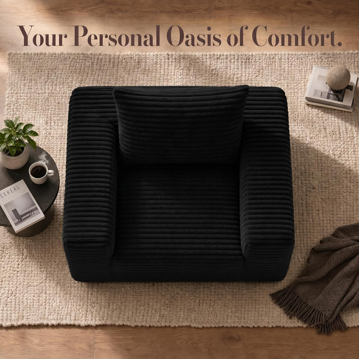 Mini Single Sofa Chair, Corduroy Cloud Couch with Pillow & Wide Armrests, High-Density Foam Reading Lounge for Living Room & Bedroom – No Assembly Required, Black