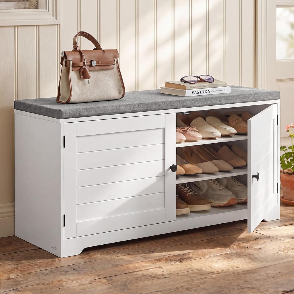 SONGMICS HOME 3-Tier Entryway Bench, Shoe Bench with Padded Seat, for Hallway, Bedroom, 14.2 x 40 x 20.9 Inches, White and Gray