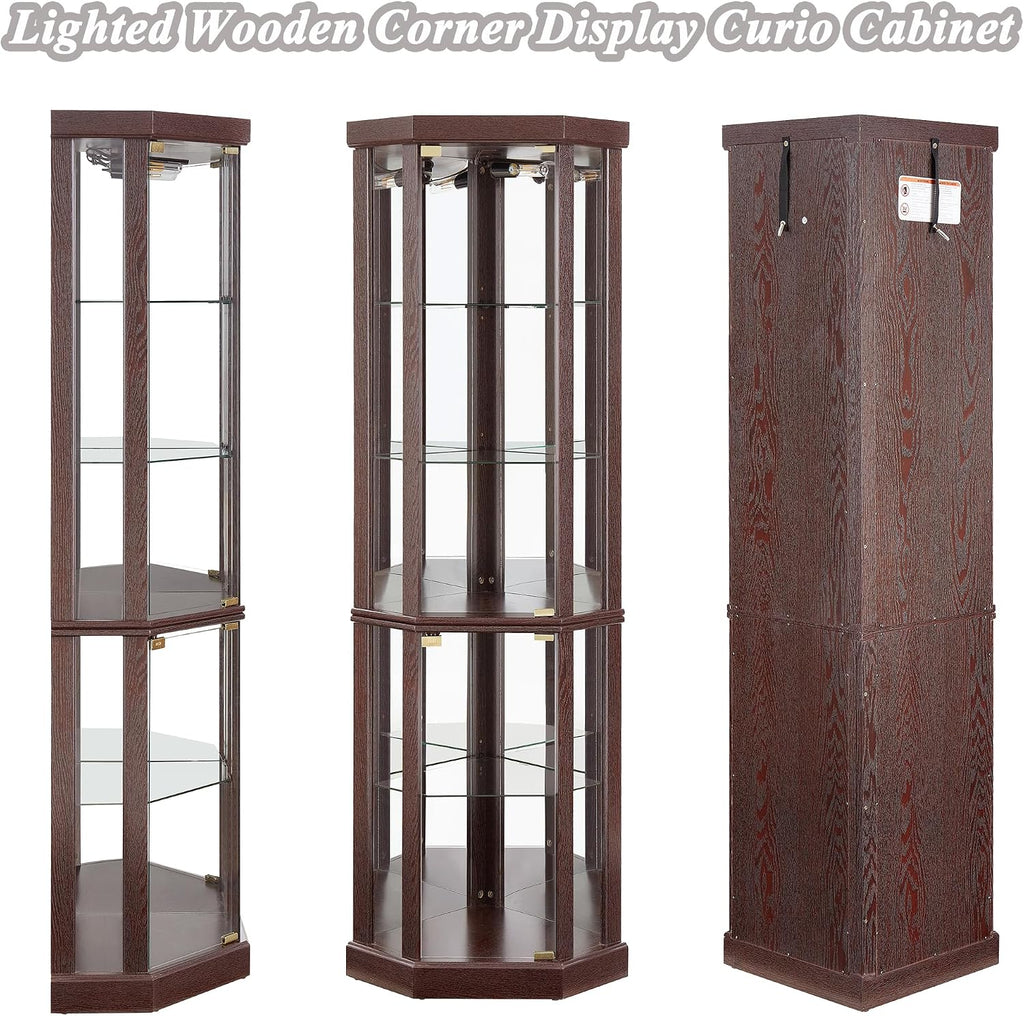 69" H Lighted Corner Curio Cabinet Display Case With Adjustable Shelves, Tempered Glass, Mirrored Back Panel for Living Room (Dark Cherry)