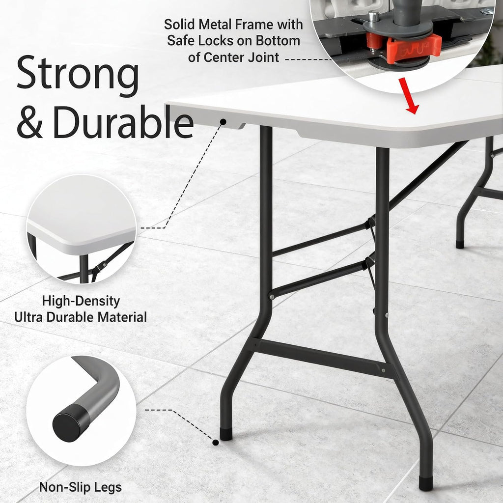 6 Feet Folding Table with Built in Handle & Fold-in-Half | Heavy Duty Portable | Lightweight Perfect for Party, Dining, Wedding, Events, Picnic Indoor, Outdoor, Camping, Utility-10P