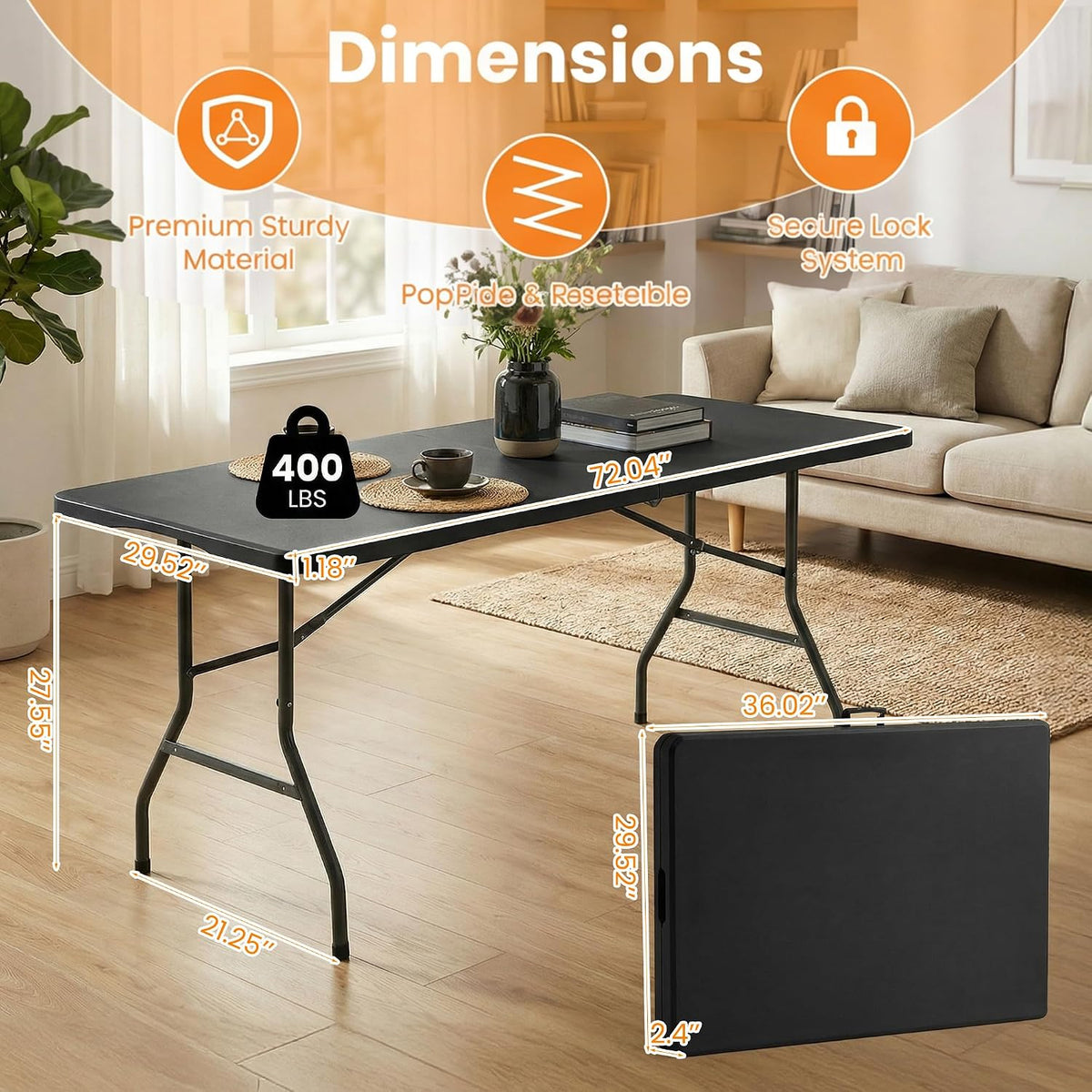 SEALAMB 6FT Portable Plastic Folding Table for Indoor & Outdoor, Heavy Duty Fold Up Table Foldable Picnic Tables Dining Table for Camping Parties Backyard Events(Black, 6FT)