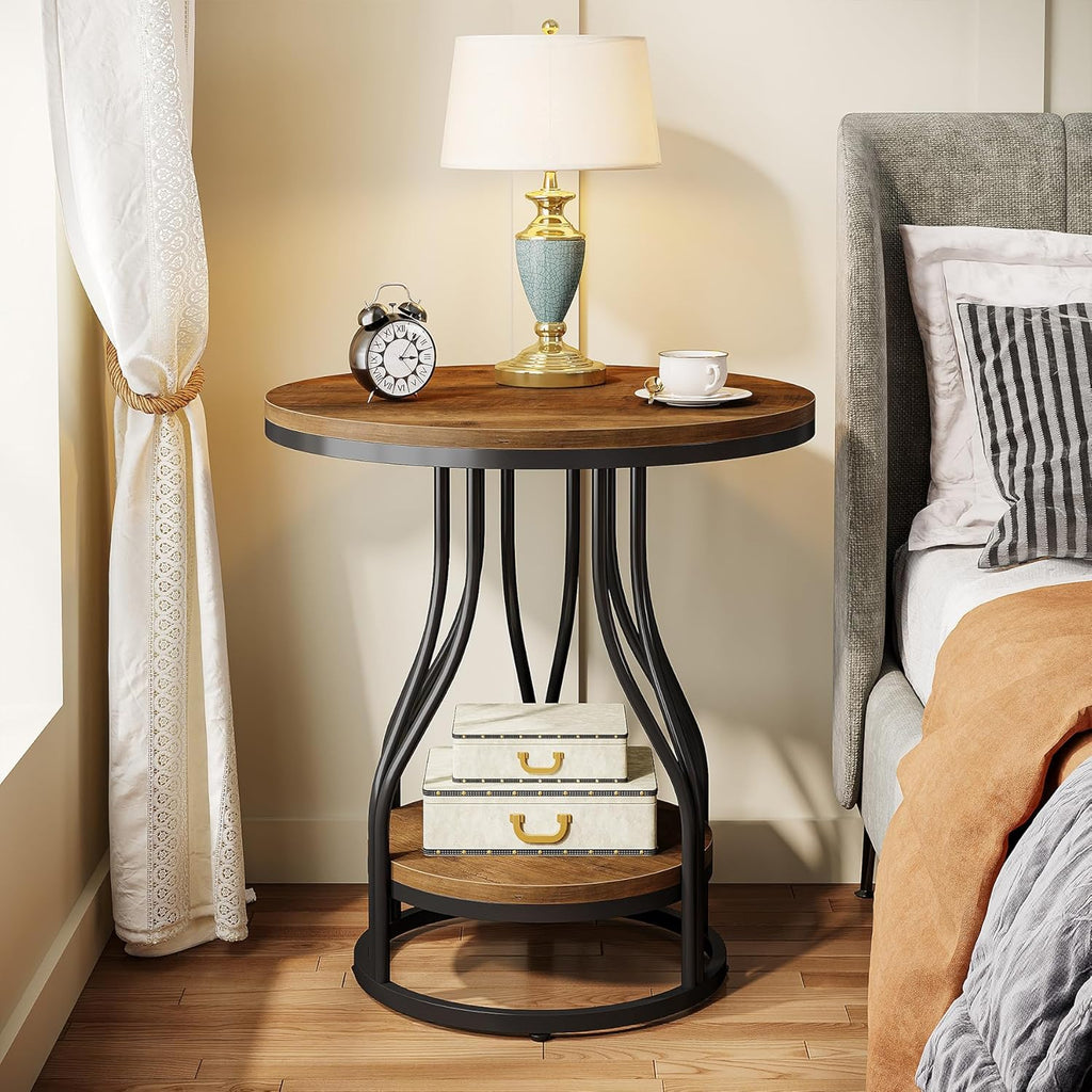Tribesigns Round Side End Table 2-Tier End Tables Modern Bedside Table Small Chirside Tables with Storage for Couch Side, Nightstand with Metal Frame for Living Room (1, Brown+Black)