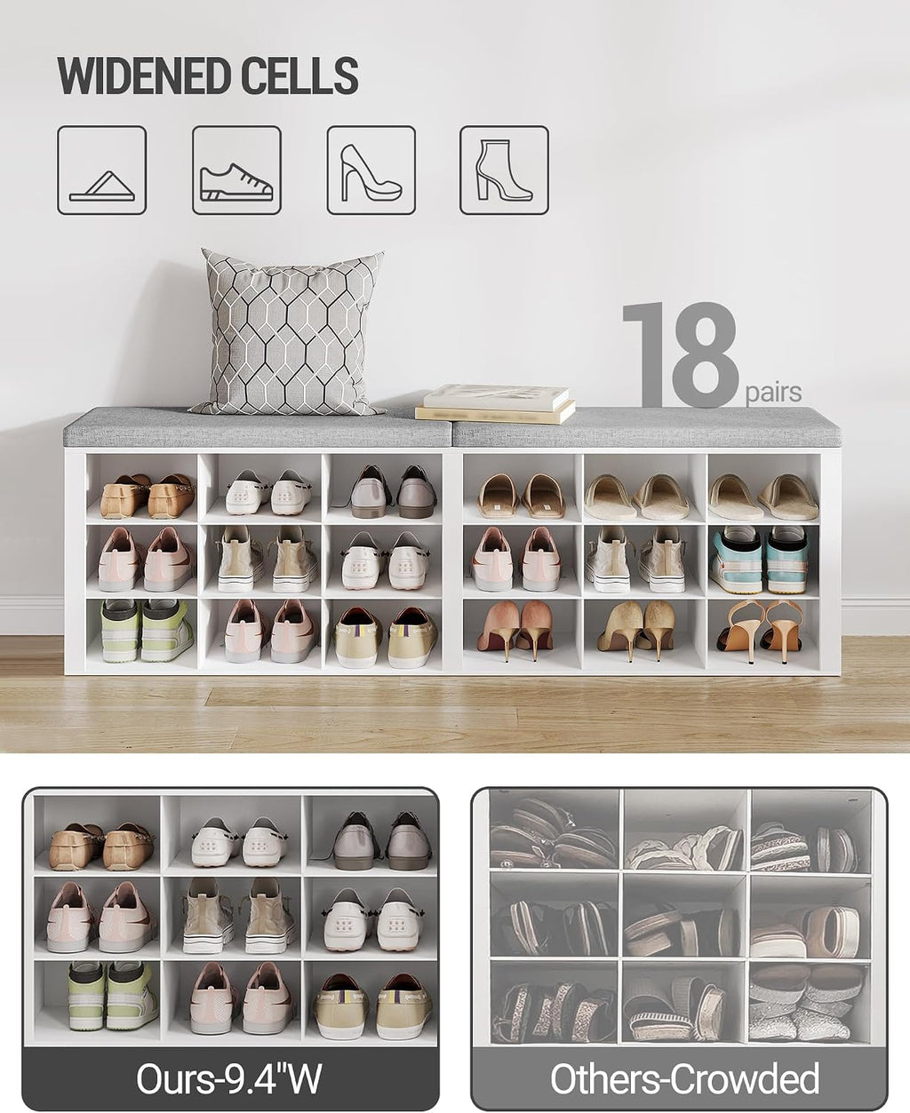 Hzuaneri Shoe Storage Bench with Cushion, Entryway Storage Bench with 18 Cubbies, 9.5" Widened Organizer Cabinet, Long Cubby Rack for Living Room, Bedroom, Entryway, White SB25703GY