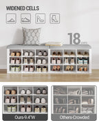Hzuaneri Shoe Storage Bench with Cushion, Entryway Storage Bench with 18 Cubbies, 9.5" Widened Organizer Cabinet, Long Cubby Rack for Living Room, Bedroom, Entryway, White SB25703GY