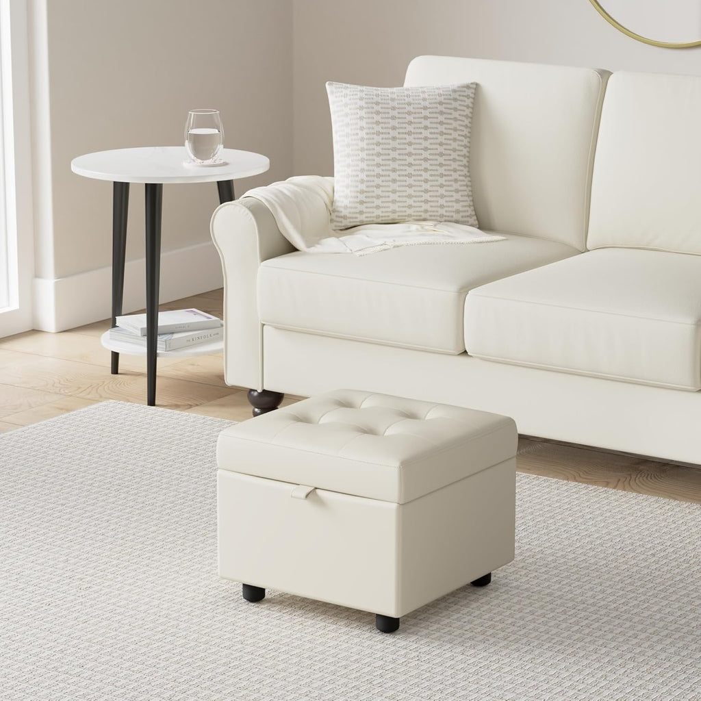 H&B Luxuries Tufted Leather Square Flip Top Storage Ottoman Cube Foot Rest (Cream with Storage)