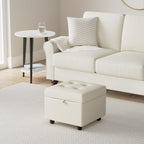 H&B Luxuries Tufted Leather Square Flip Top Storage Ottoman Cube Foot Rest (Cream with Storage)