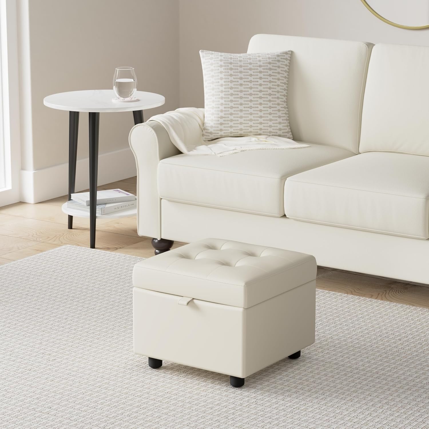 H&B Luxuries Tufted Leather Square Flip Top Storage Ottoman Cube Foot Rest (Cream with Storage)