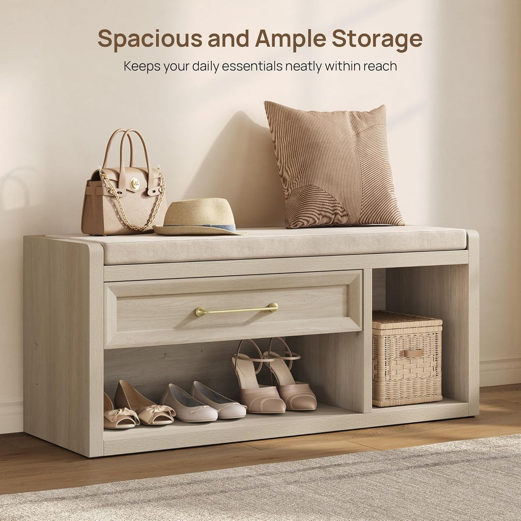 SICOTAS Shoe Bench with Storage, Farmhouse 43.3" Extra Wide Entryway Bench with Cushion, Drawer & Tall Boot Shelf, 18.9" Comfort Height Seat, Large Shoe Organizer for Hallway Bedroom, Grey White Oak