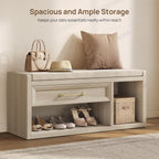 SICOTAS Shoe Bench with Storage, Farmhouse 43.3" Extra Wide Entryway Bench with Cushion, Drawer & Tall Boot Shelf, 18.9" Comfort Height Seat, Large Shoe Organizer for Hallway Bedroom, Grey White Oak