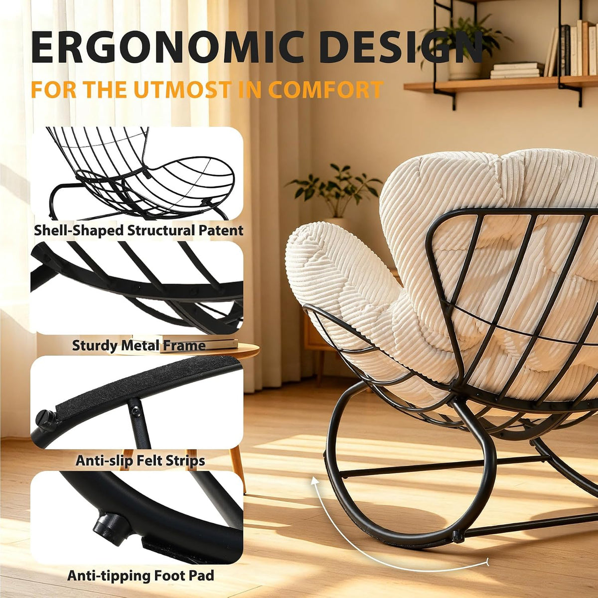 Oversized Outdoor Rocking Chair, Papasan Rocking Egg Chair with Thick Cushion, Metal Frame, Indoor Cozy Rocker for Patio, Balcony, Living Room, Beige