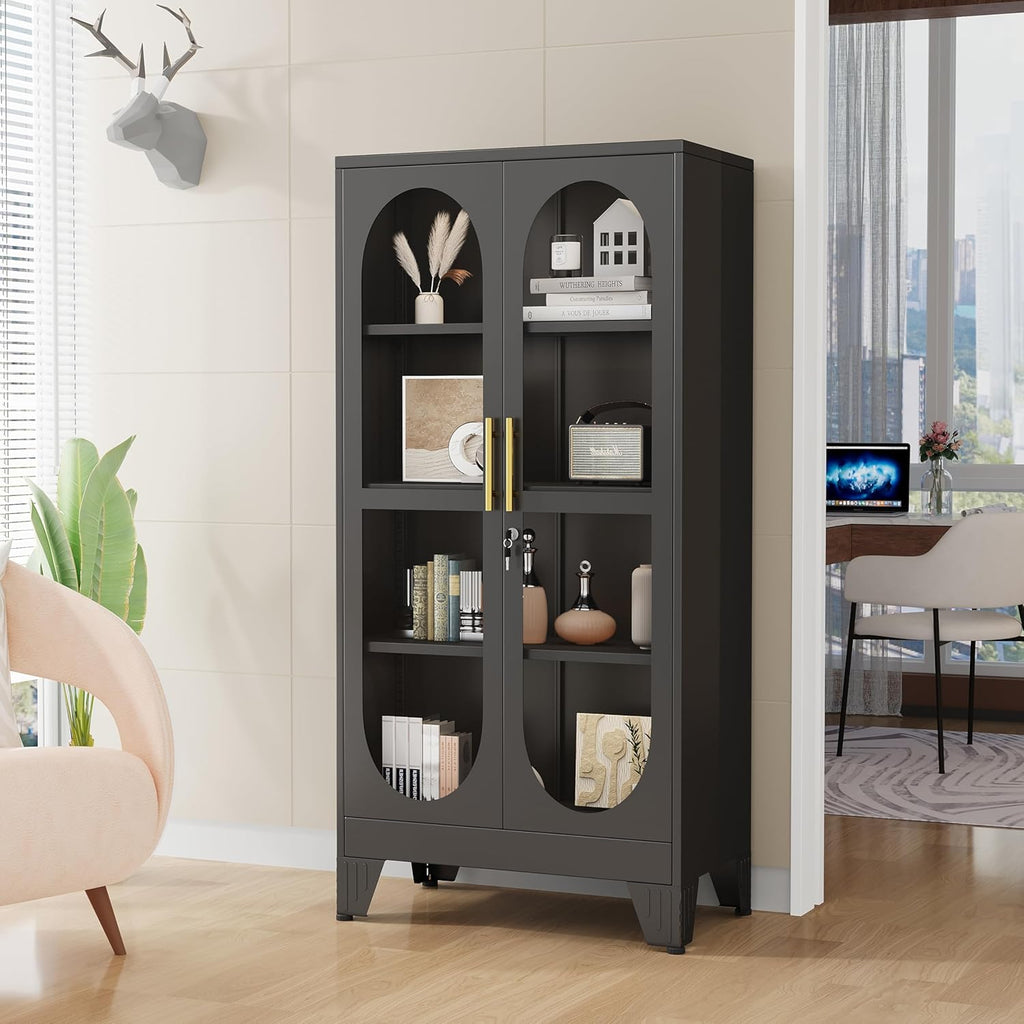 GAIOUS 61" Tall Metal Curio Cabinet, Display Cabinet with Glass Door, 4 Tier Liquor Cabinet with 3 Adjustable Shelves, Locking Glass Display Case for Collectibles, Showcase Storage Cabinets, Black