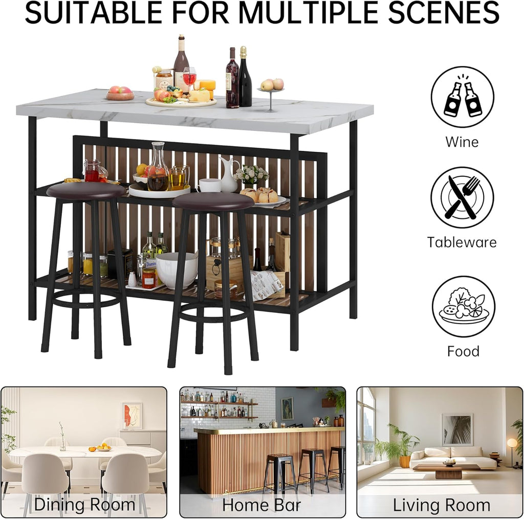 Recaceik 3 Piece Pub Set, Rectangular 2 Bar Stools, Faux Marble Dining Room Set of 2, Modern Counter Height Table with Storage, Kitchen Island with Seating, White