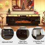 70" Fireplace TV Stand, Entertainment Center with 8 Stainless Steel, Black | 36" Electric Fireplace insert, Modern TV Console with LED light, 2-tier Media Console fits 80" TV, Spacious storage cabinets