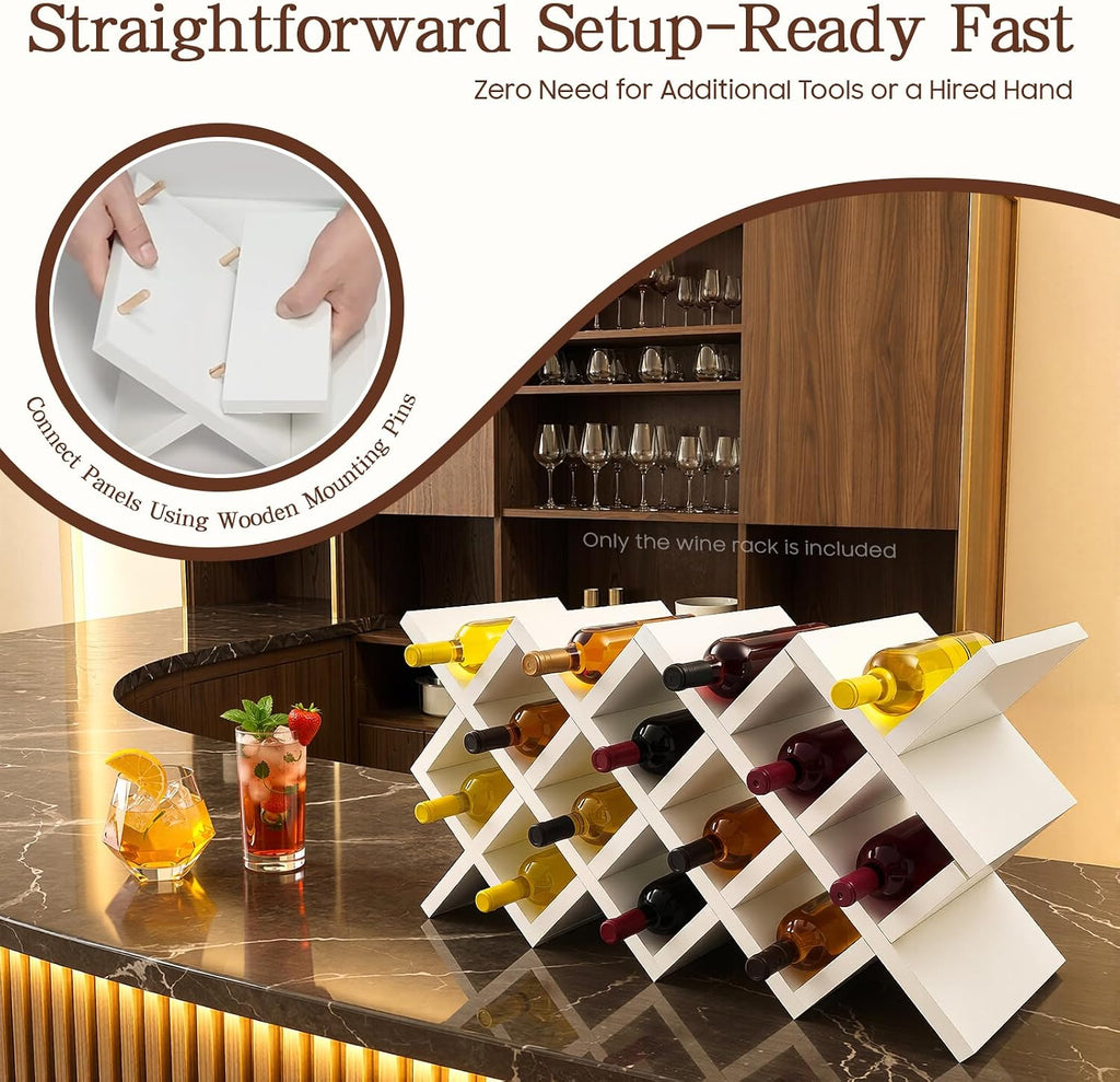 10 Grids Wooden Wine Rack – Wall Mounted or Countertop Storage, Diamond Lattice Design for 10 Bottles, Space-Saving Horizontal Storage, White