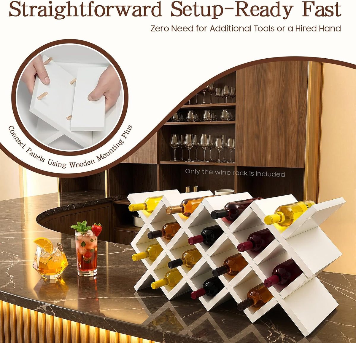 10 Grids Wooden Wine Rack – Wall Mounted or Countertop Storage, Diamond Lattice Design for 10 Bottles, Space-Saving Horizontal Storage, White