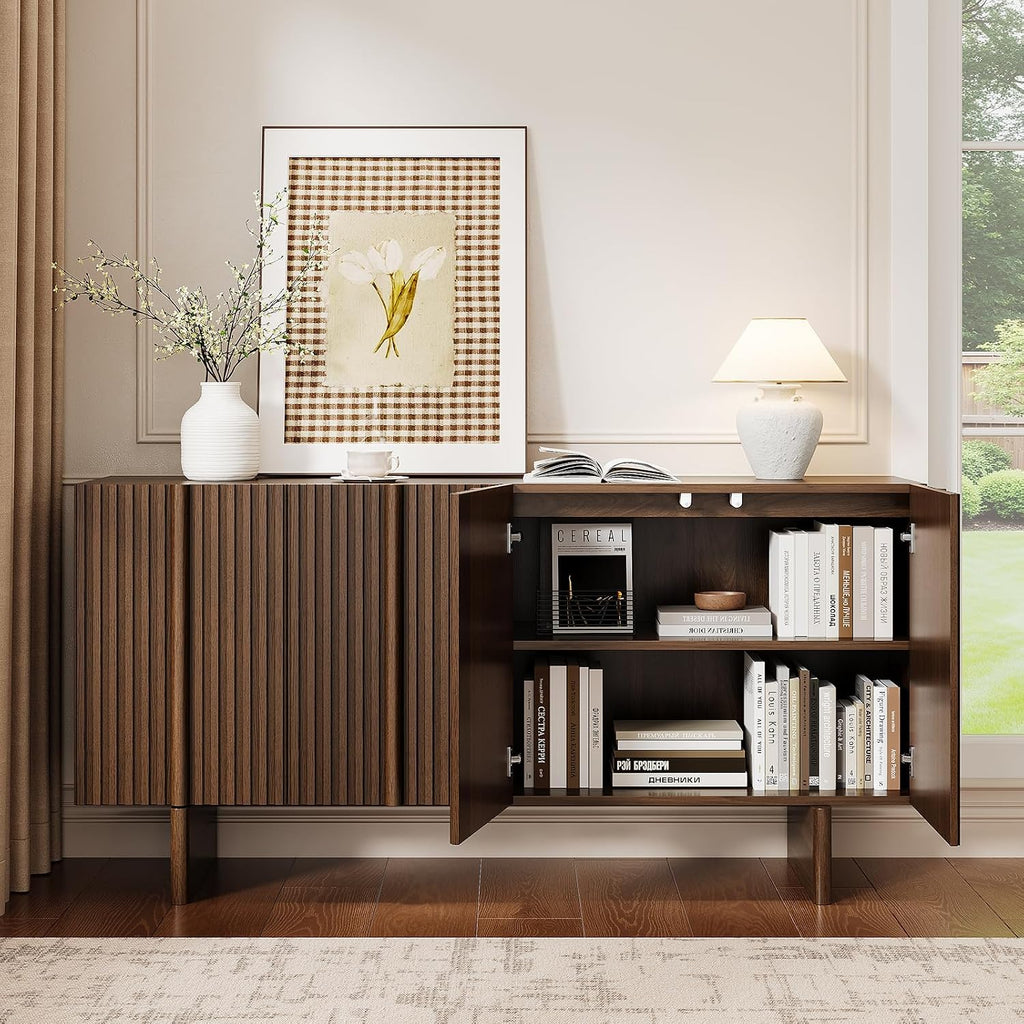 ONBRILL 63" Fluted Sideboard Cabinet with Storage Adjustable Shelves Walnut