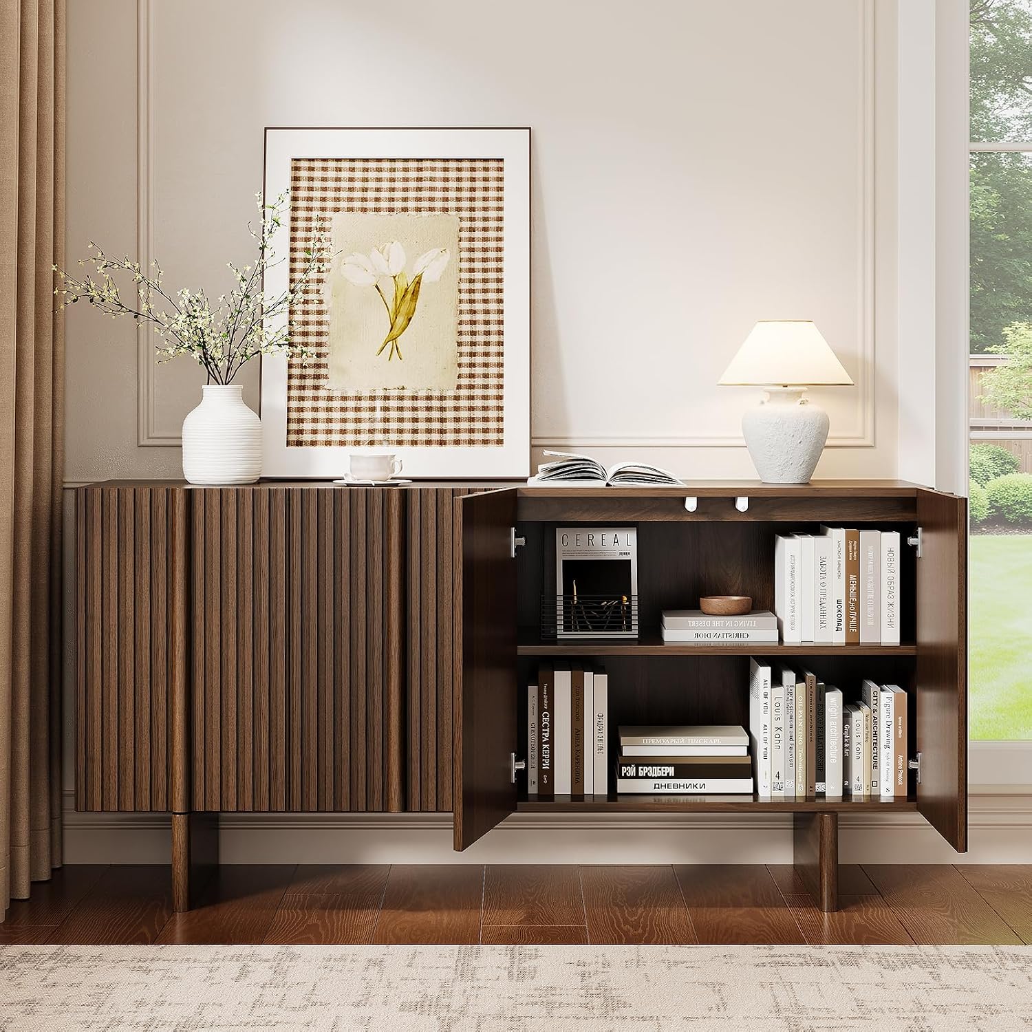ONBRILL 63" Fluted Sideboard Cabinet with Storage Adjustable Shelves Walnut