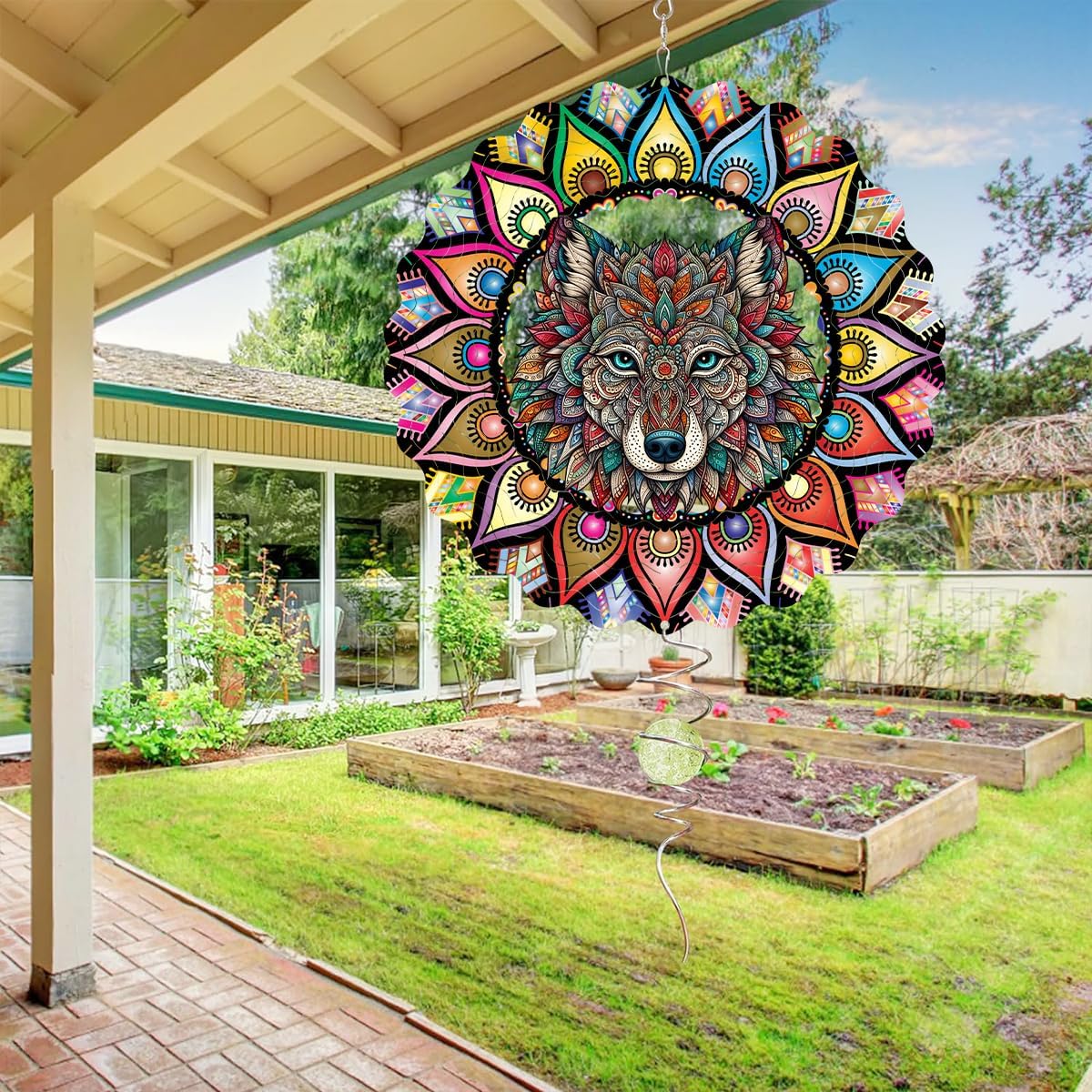 Hanging Wolf Wind Spinner for Outdoor Indoor 3D Stainless Steel Wind Sculptures 10 Inch Cool Animal Metal Wind Spinner for Yard Garden Living Room Zoo Great Gift for Women Friend