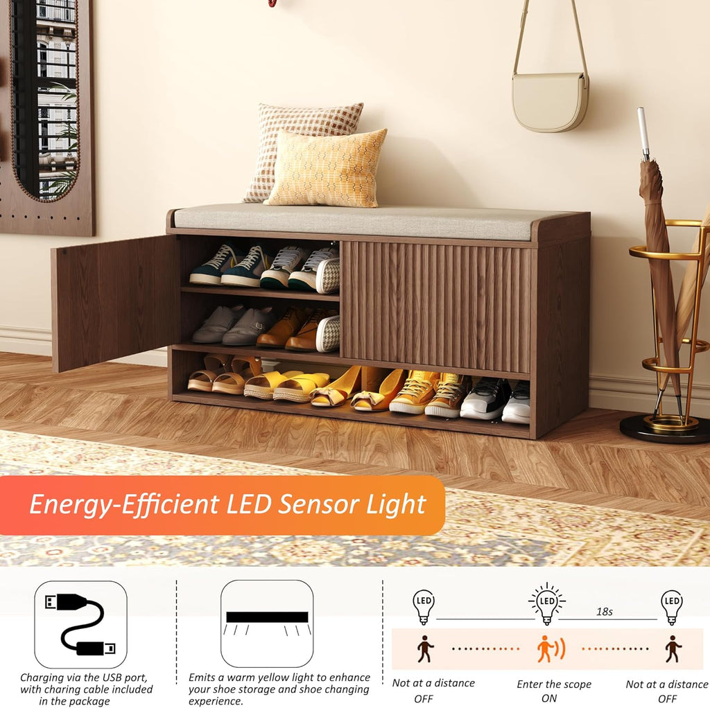 HOMEFORT 39.4" Fluted Shoe Storage Bench, Entryway Bench with Linen Seat Cushion, Shoe Cabinet Bench with Adjustable Shelf and Built-in LED Sensor Light, Bench for Bedroom End of Bed,Walnut