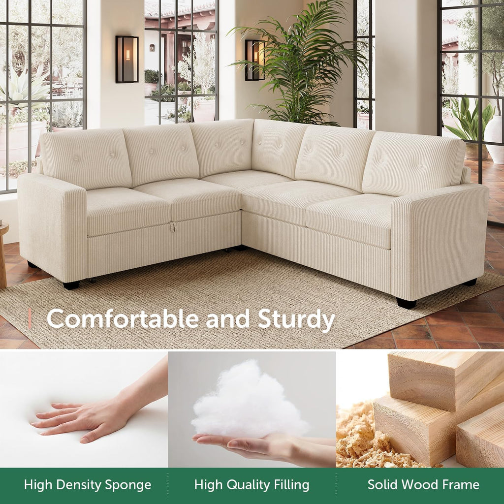 HONBAY Corduroy Sectional Sleeper Sofa with Pull Out Bed, 5 Seaters 83.4 Inch Setional Couch for Living Room Apartment, Beige