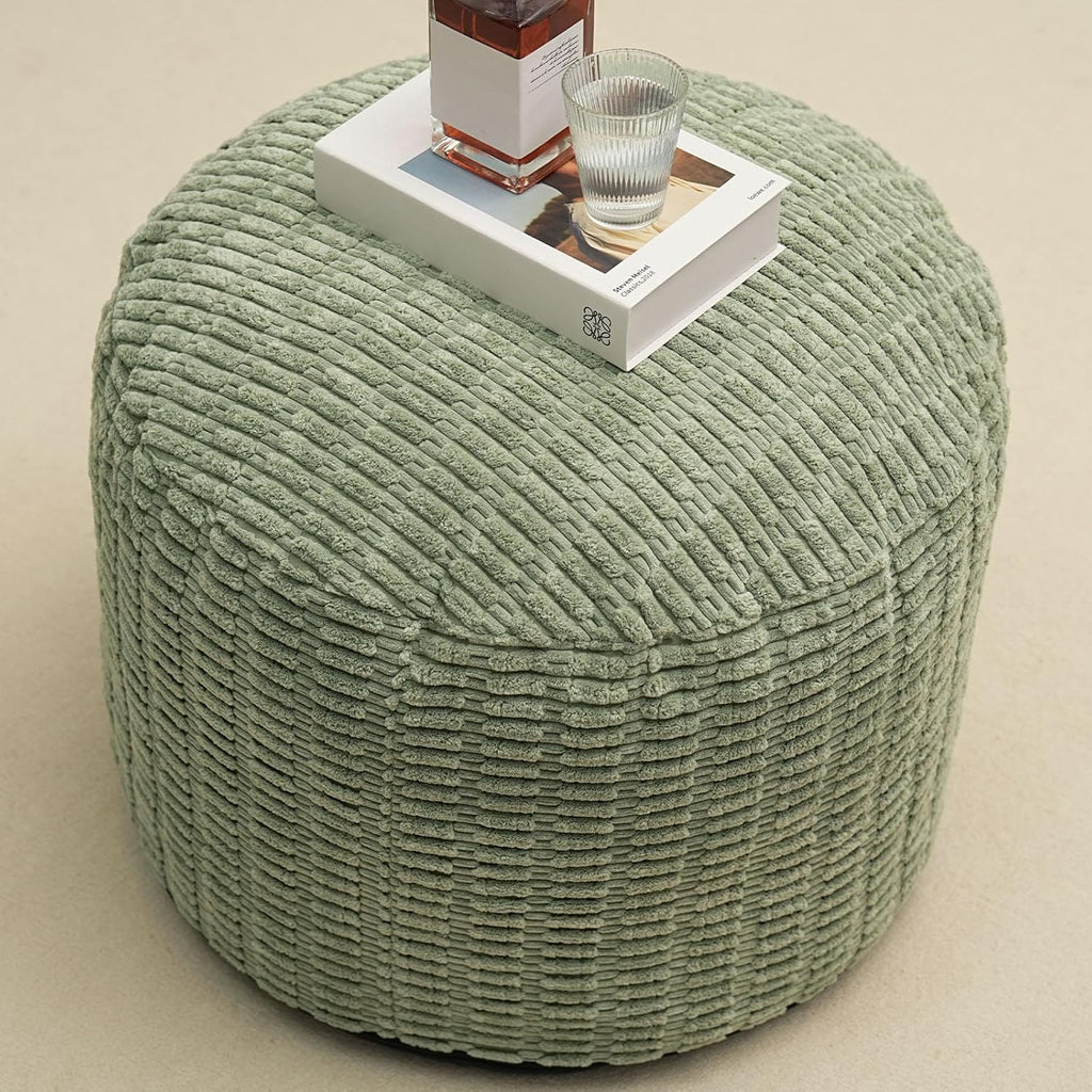 Round Stuffed Pouf Ottoman for Foot Rest 20" X 15" Faux Fur Poufs, Green | Storage Ottoman Pouf Foot Stool Cushion with Foam Chunk Filling, Floor Chair for Living Room Bedroom Home Decor