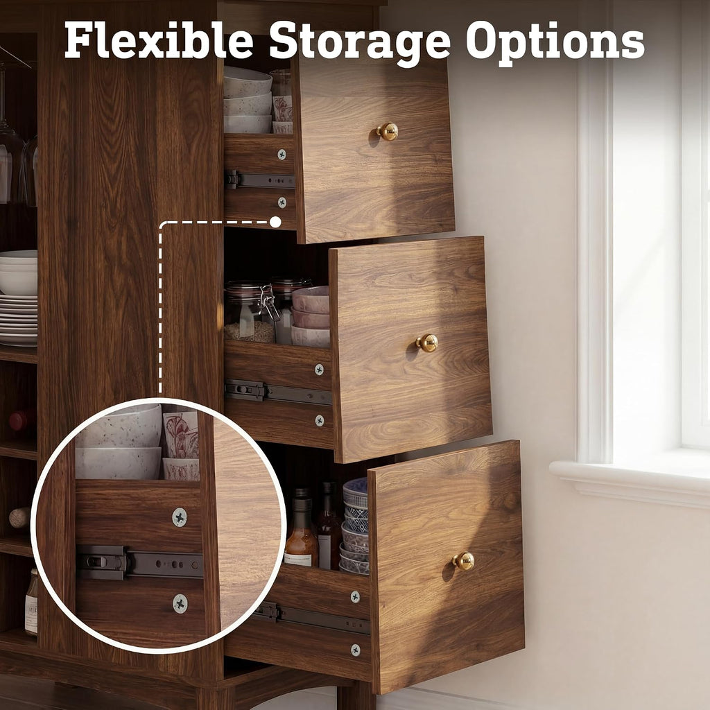 Corner Cabinet with Charging Station,L-Shaped Kitchen Pantry Storage Cabinet with 3 Drawers,Freestanding Kitchen Pantry Cabinets with Wine Rack,Glass Rack,Sliding Door for Dining Room (Walnut)