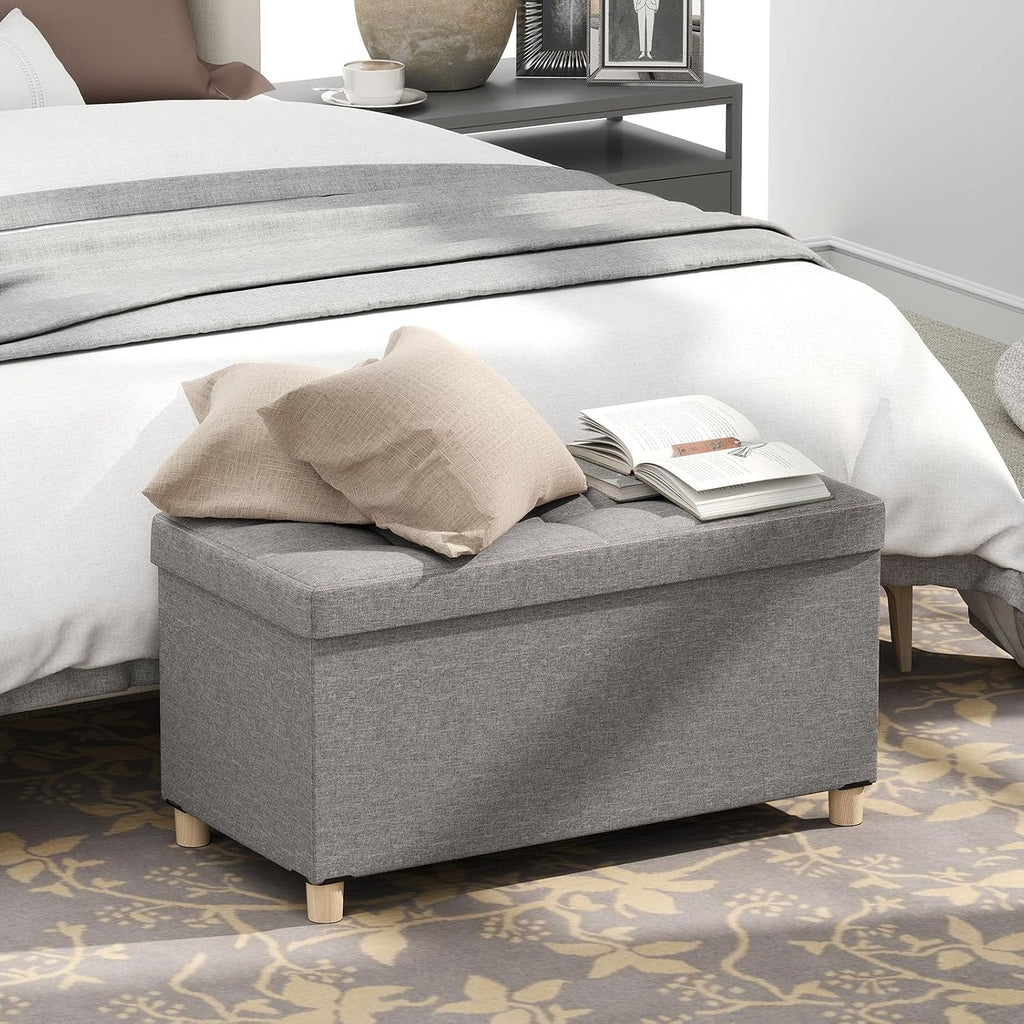 GOFLAME 30 Inches Storage Ottoman Bench, Linen Fabric Footstool with Flip Top Tray, Padded Foot Rest Stool, Rectangular Eed of Bed Bench, Storage Chest for Living Room, Entryway, Bedroom