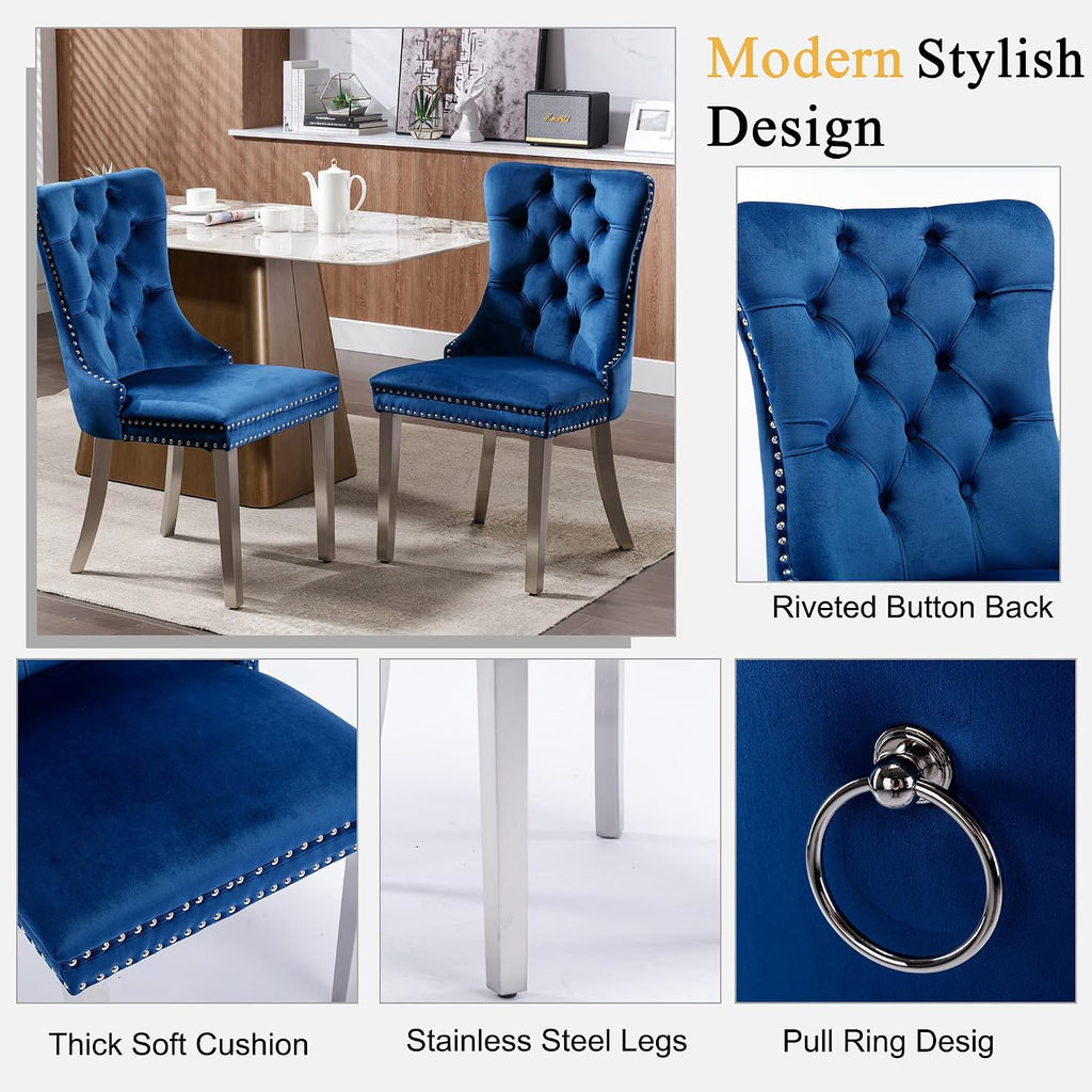 Round Glass Dining Table Set for 4, Small Kitchen Table Set for 4, 47" Round Glass Table and Chairs Set of 4, 5 Piece Round Dining Room Table Set w/Navy Blue Velvet Chairs for Breakfast Dinette Cafe