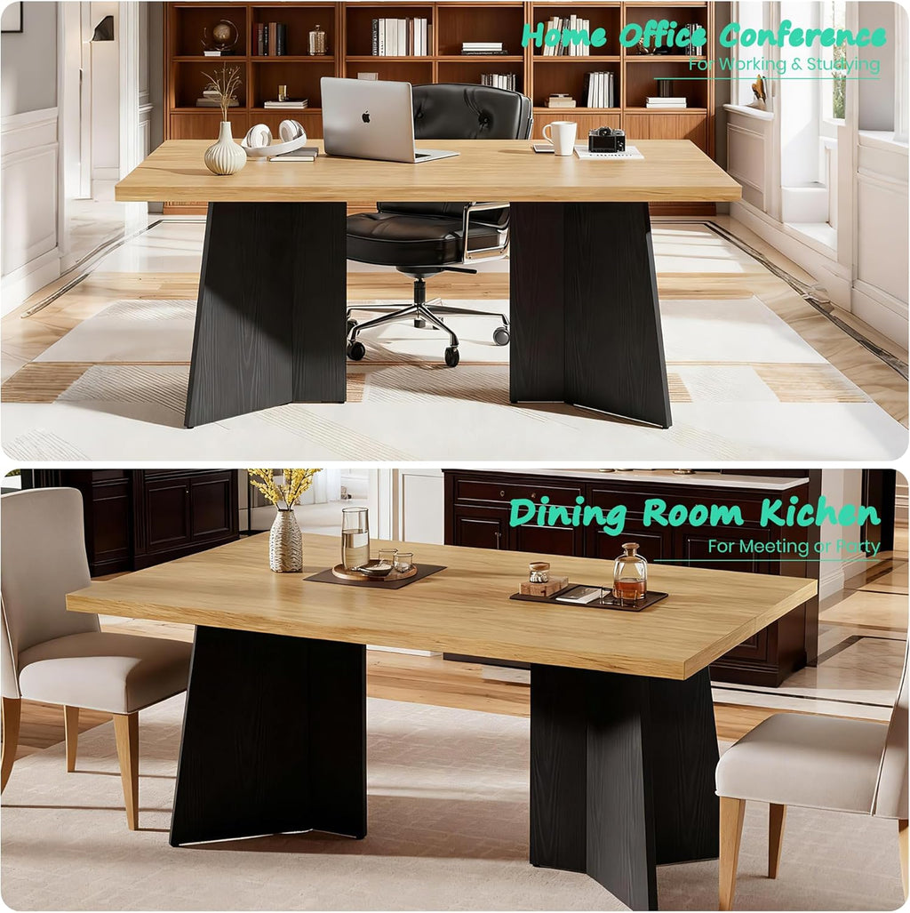 GarveeHome Dining Table for 6-8 People - 63" Modern Long Kitchen Table with Large Tabletop & Heavy Duty Pedestal Legs, Dinner Table for Kitchen, Conference Room, Home, Natural & Black
