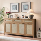 HOKYHOKY 63" Rattan Sideboard Buffet Cabinet, Boho Storage Cabinet | Adjustable Shelves, 4 Doors & 3 Drawers, Farmhouse Credenza, Coffee Bar Cabinets, Living Room, Hallway, Kitchen