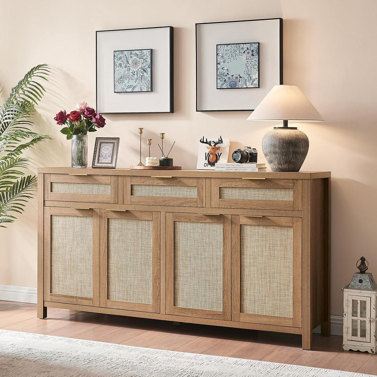 HOKYHOKY 63" Rattan Sideboard Buffet Cabinet, Boho Storage Cabinet | Adjustable Shelves, 4 Doors & 3 Drawers, Farmhouse Credenza, Coffee Bar Cabinets, Living Room, Hallway, Kitchen