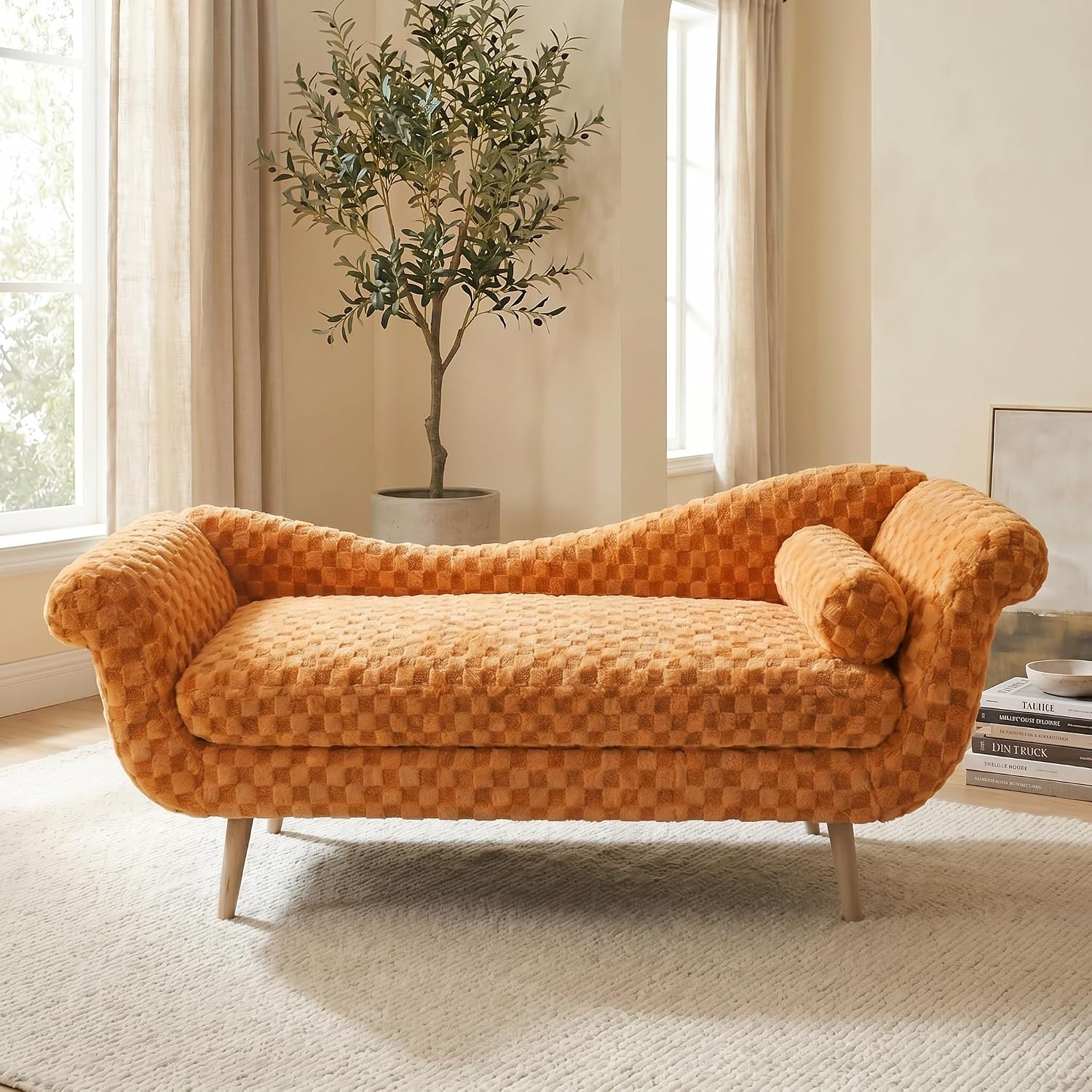ERYE Upholstered Left Facing Chaise Lounge Chair W/Scroll Arms and Wood Legs, Elegant Chaise Lounge Square Pattern Accent Recliner Lounger Sofa for Living Room Bedroom