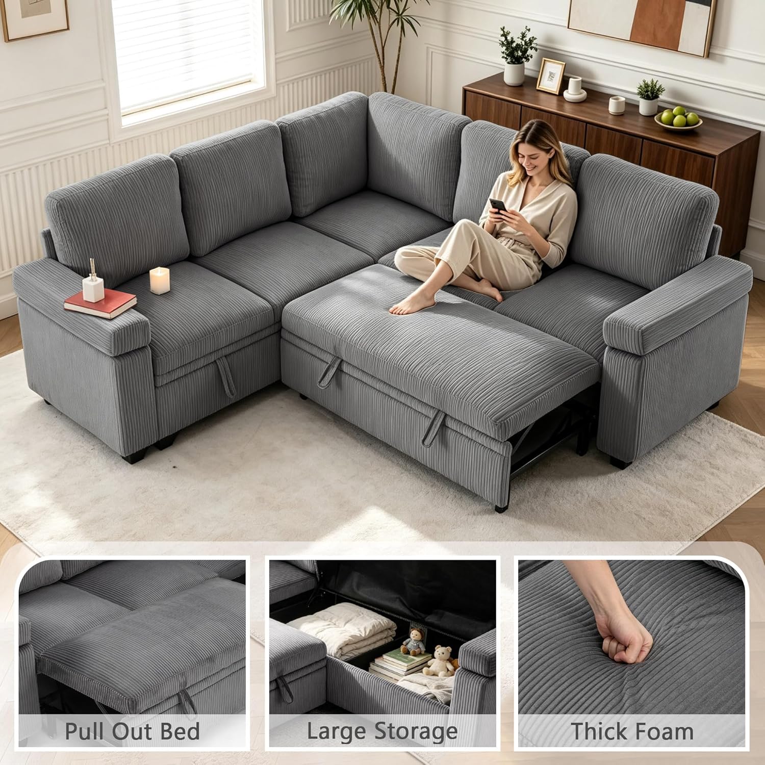86 Inch L Shaped Sectional Sleeper Sofa with Storage, Sectional Modular Couch with Pull Out Bed, 5 Seats Chenille Cloud Couches for Living Room, Small Sofa Bed for Apartment, Office (Gray, 5-seat)