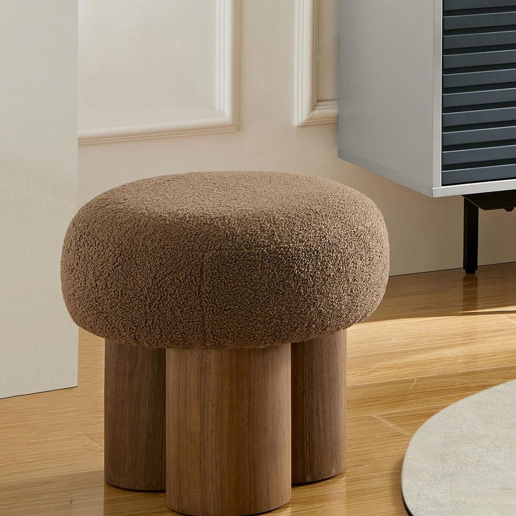 16.54''Mushroom Stool,Modern Fabric Ottoman Foot Rest,Teddy Round Foot Stool with Three Legs Under Desk,Small Stool for Living Room, Bedroom and Kitchen (Brown')