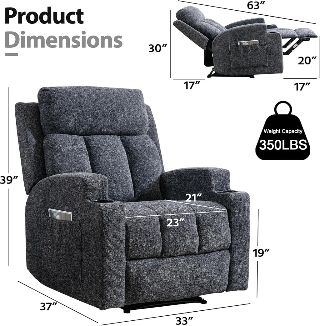 CANMOV Manual Recliner Chair with Massage and Heat, Soft Fabric Recliner Chair with Overstuffed Arm and Back, Manual Reclining Single Sofa with 2 Cup Holders, Side Pocket for Living Room, Dark Grey