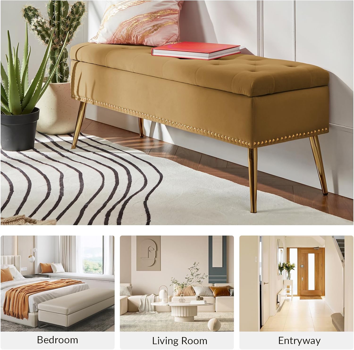 HULALA HOME Modern Velvet Storage Ottoman Bench with Gold Base & Nailhead Trim, Upholstered Bedroom Bench for End of Bed, Button-Tufted Footstool for Entryway Living Room Dining Room, Golden