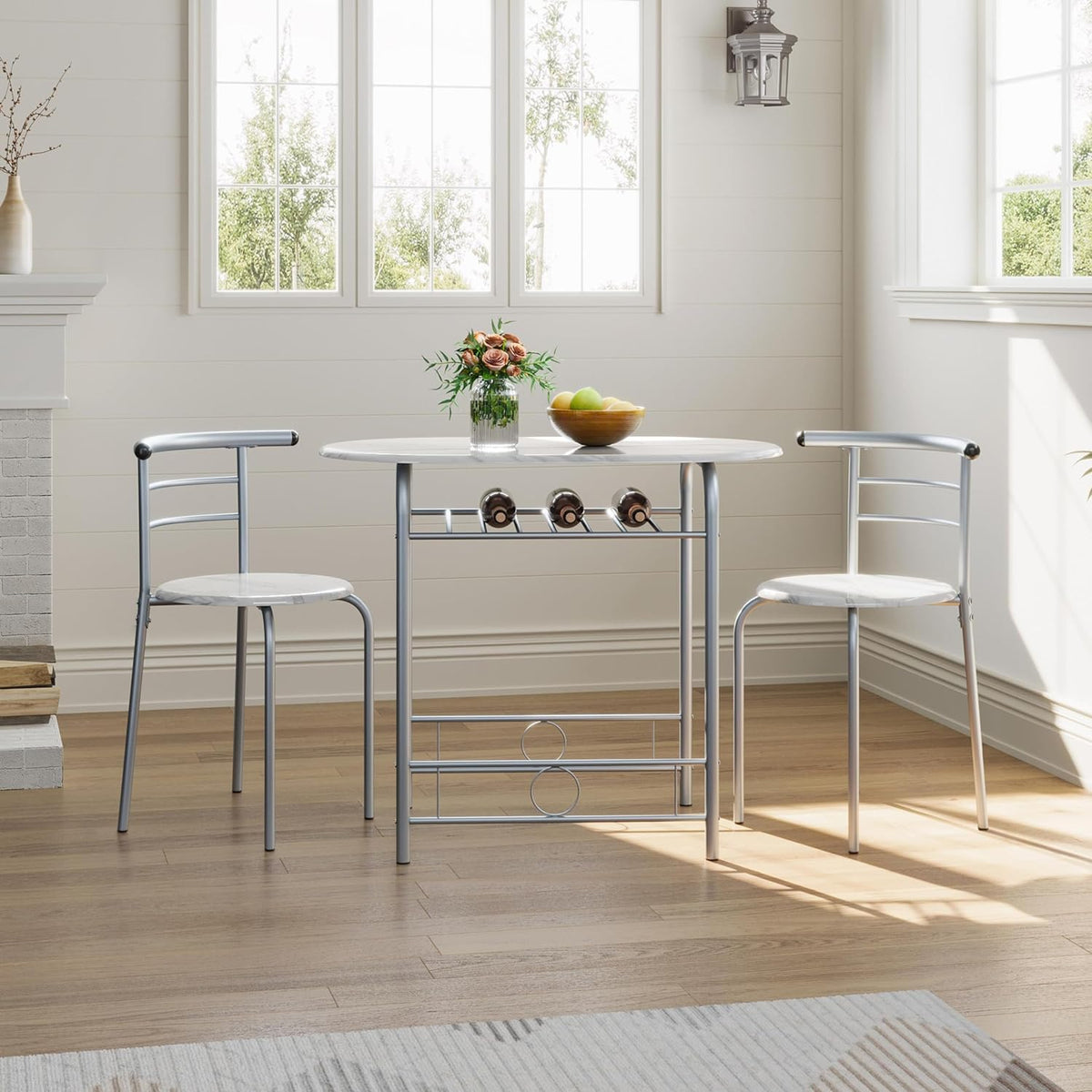 Yaheetech 3-Piece Dining Table Set, Breakfast Bistro Table Set for 2, Small Kitchen and Table Chairs Set of 2 with Metal Frame and Storage Rack for Small Space/Apartment/Dorm Room, White