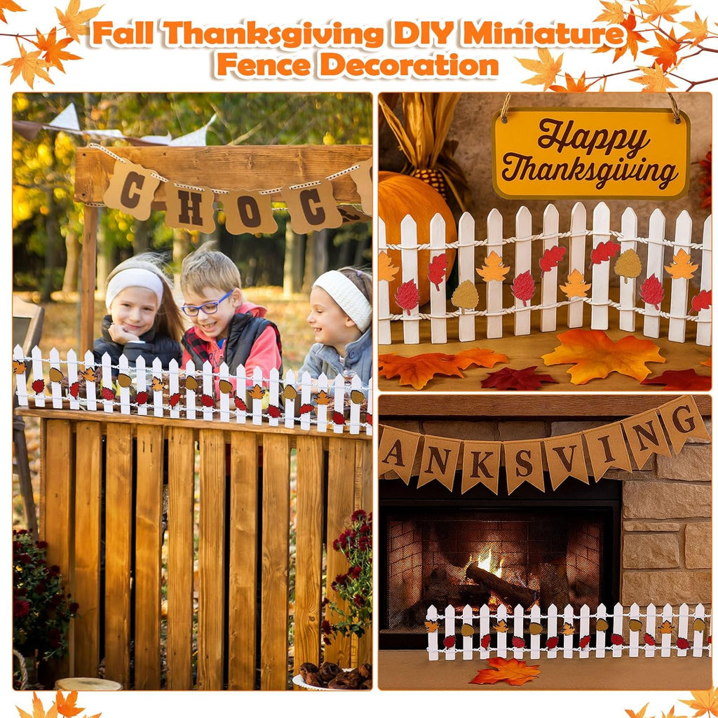 Thyle Thanksgiving DIY Mini Fairy Garden Fence Fall Wood Picket Crafts with 35 Inches Wood Picket Fence 100 Wooden Leaves and Glue for Autumn Centerpieces Thanksgiving Activity(White)