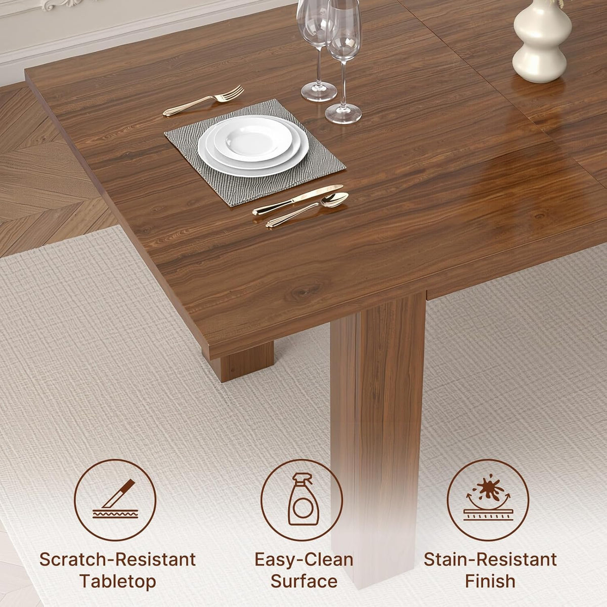 Miereirl 9-Piece Farmhouse Extendable Dining Table Set with 8 Chairs, Adjustable Length Rectangular Dining Room Furniture, Space-Saving Expandable Kitchen Dining Set (Walnut Table+8 Brown Chairs)