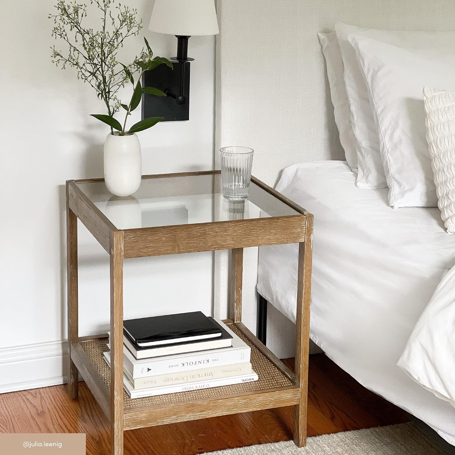 Nathan James 33301 Hayes Solid Wood Nightstand, Bedside, End or Side Table in Light Brown Wood Finish & Glass Top with Open Storage Shelf, 18 in x 18 in x 22 in
